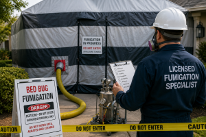 Tented house undergoing structural fumigation for bed bug treatment