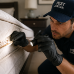 Bed bug fecal spots and shed skins on a mattress seam indicating infestation