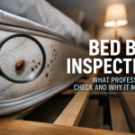 Bed bug inspector checking a mattress seam with a flashlight