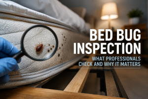 Bed bug inspector checking a mattress seam with a flashlight