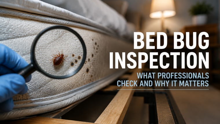 Bed bug inspector checking a mattress seam with a flashlight