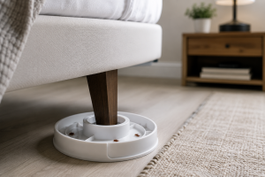 Bed bug interceptor cup placed under a bed leg for early detection monitoring
