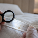 Bed bug eggs and nymphs at different life stages on white fabric