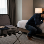 Suitcase being inspected on a luggage rack for bed bug prevention while traveling
