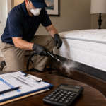 Technician preparing bed bug treatment equipment in a bedroom