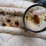Close-up of a bed bug on a mattress seam next to a coin for scale