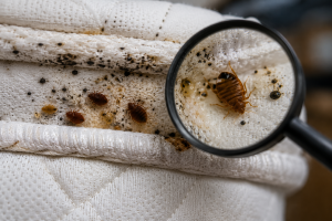 Close-up of a bed bug on a mattress seam next to a coin for scale