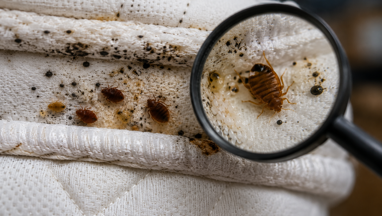 Close-up of a bed bug on a mattress seam next to a coin for scale