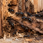 Large black carpenter ant worker on wood, illustrating carpenter ant identification