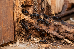 Large black carpenter ant worker on wood, illustrating carpenter ant identification