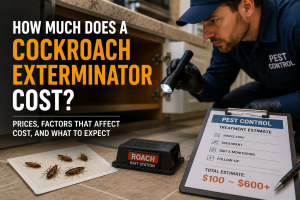 Cockroach exterminator applying gel bait in a kitchen corner