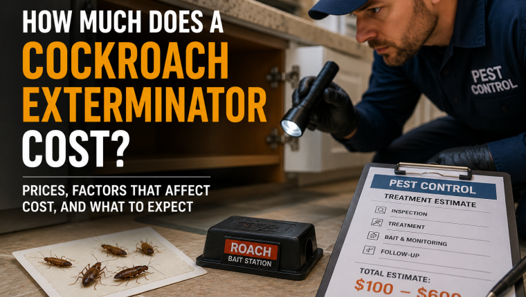 Cockroach exterminator applying gel bait in a kitchen corner