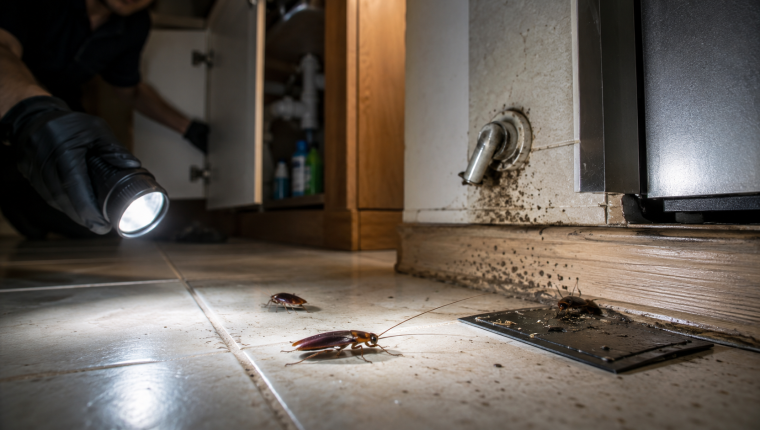 Close-up of a German cockroach on a kitchen surface, illustrating common indoor cockroach identification