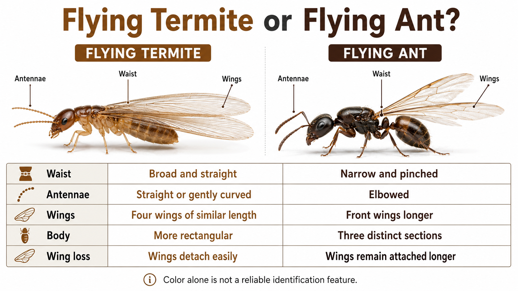 Flying termite and flying ant comparison showing differences in wings, antennae, waist, and body shape