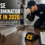 Mouse exterminator setting a snap trap near a wall gap