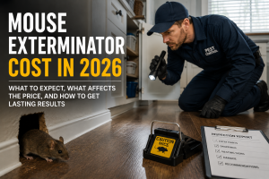 Mouse exterminator setting a snap trap near a wall gap