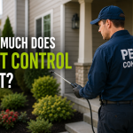 Pest control technician inspecting a home exterior for a cost estimate