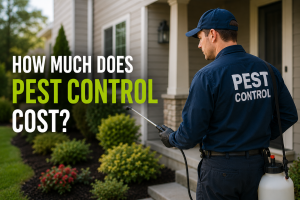 Pest control technician inspecting a home exterior for a cost estimate