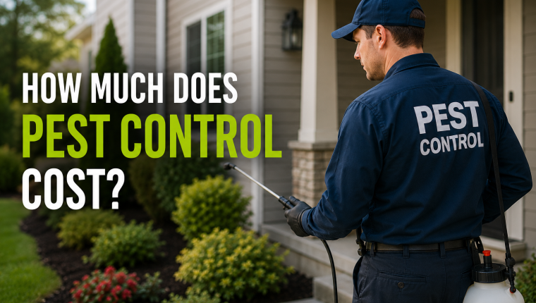 Pest control technician inspecting a home exterior for a cost estimate