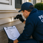 Pest control inspector examining a homes crawl space with a flashlight