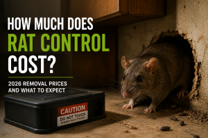 Rat control technician inspecting an attic for rodent entry points