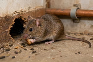 House mouse near a gap in a wall baseboard, illustrating a common rodent entry point