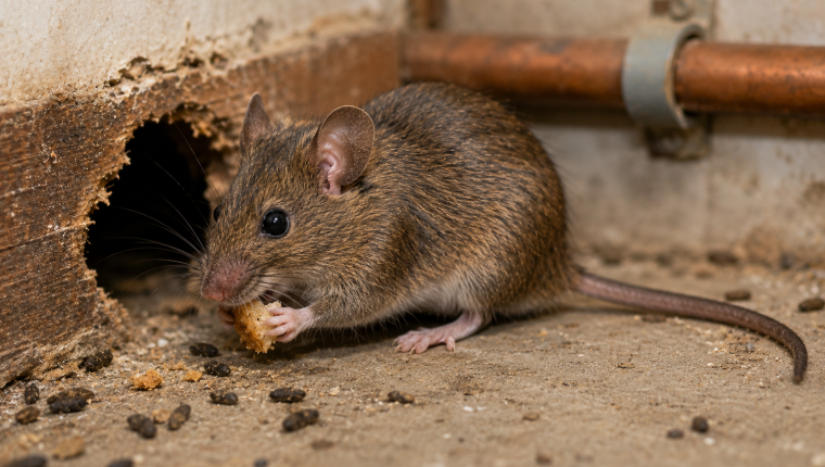 House mouse near a gap in a wall baseboard, illustrating a common rodent entry point