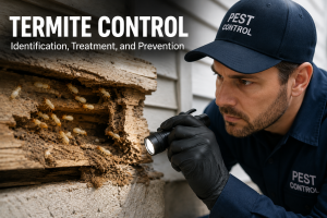 Termite control technician inspecting soil near a homes foundation