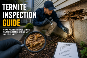 Termite inspector examining wood framing for signs of termite activity