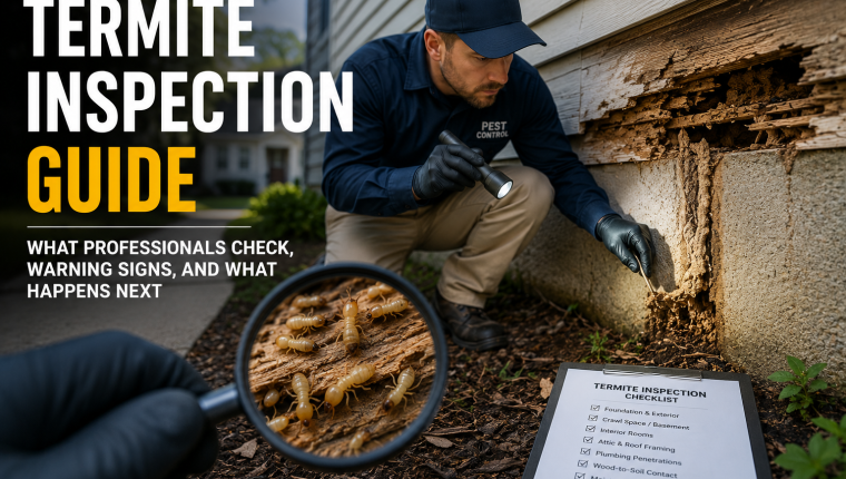 Termite inspector examining wood framing for signs of termite activity