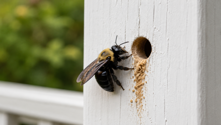 Carpenter bee identification showing round entry holes drilled into wood