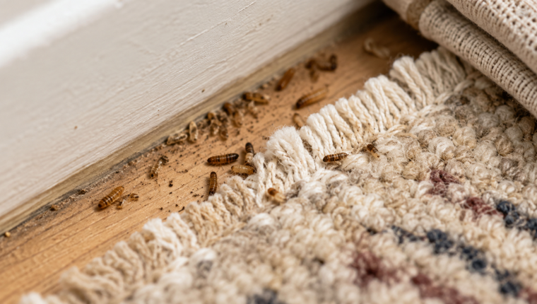 Carpet beetle larvae identification showing the bristly, fabric-damaging larval stage