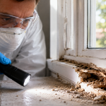 Drywood termite identification showing pellets, swarmers, and wood damage evidence