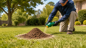 Fire ant mound treatment diagram showing broadcast bait and mound drench methods