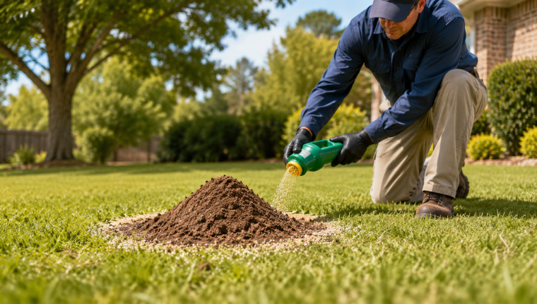 Fire ant mound treatment diagram showing broadcast bait and mound drench methods