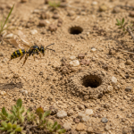 Ground wasp identification guide showing nest entrances and burrow patterns in soil