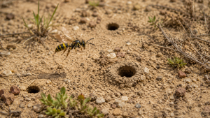 Ground wasp identification guide showing nest entrances and burrow patterns in soil