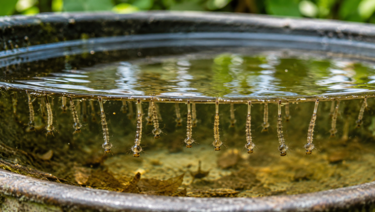 Mosquito larvae identification in standing water showing the wriggling aquatic stage