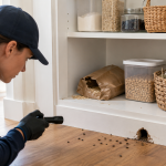 Mouse infestation signs showing droppings, gnaw marks, and entry point evidence