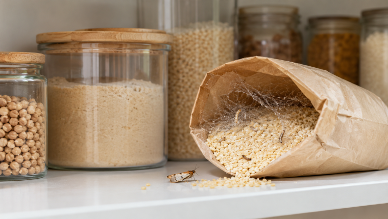 Pantry moth identification guide showing larvae and webbing in dry food storage