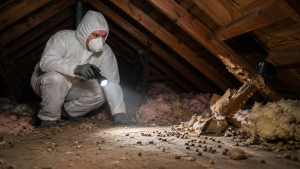 Rats in the attic diagram showing nesting areas, entry points, and cleanup zones