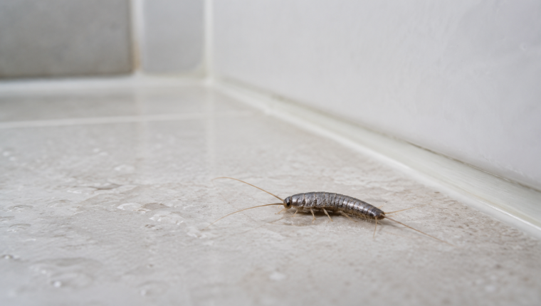 Silverfish identification image showing the insect's silver, teardrop-shaped body