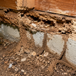 Subterranean termite identification showing mud tubes connecting soil to wood
