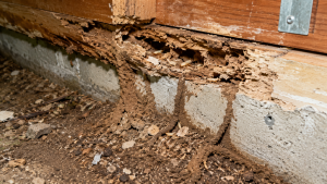 Subterranean termite identification showing mud tubes connecting soil to wood