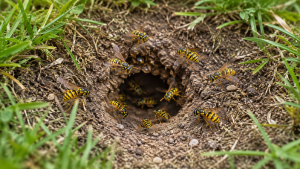 Yellow jacket nest identification showing ground, wall void, and aerial nest types
